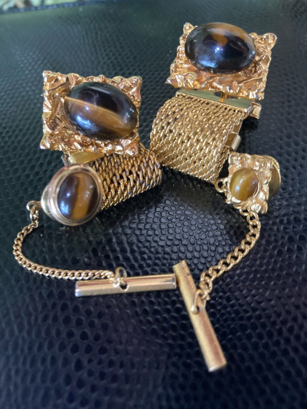 Vintage Faber Tiger’s Eye Cufflinks &  OBTie Pins Set – 14K GF OB Accent – Boxed